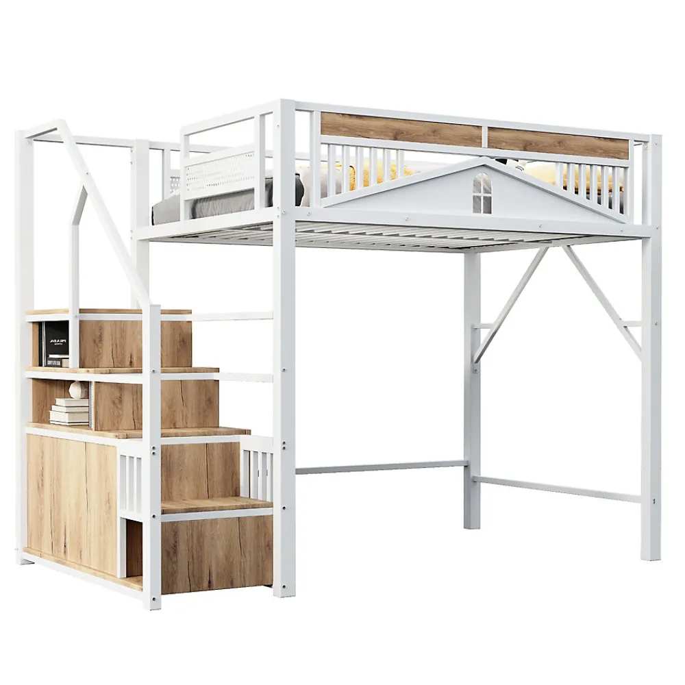 Lit mezzanine 140x200 cm avec rangement sous marches, garde-corps fenêtre et structure métal/bois>Redom Outlet