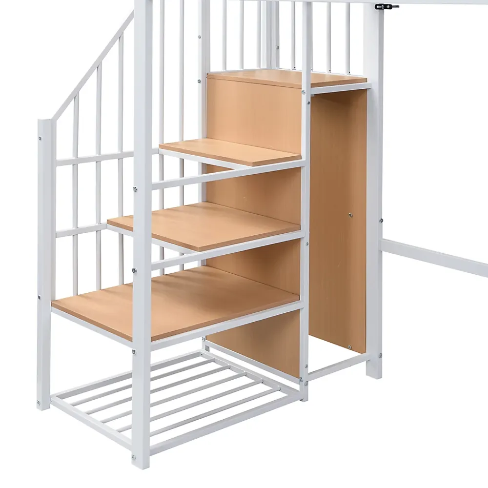 ModernLuxe Lit mezzanine 90x200 cm avec étagère de rangement et roulettes - cintre et échelle - Métal+MDF - Blanc+Naturel(sans matelas)* Lit Mezzanine