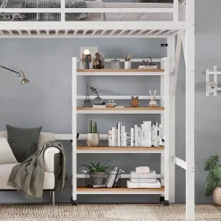ModernLuxe Lit mezzanine 90x200 cm avec étagère de rangement et roulettes - cintre et échelle - Métal+MDF - Blanc+Naturel(sans matelas)* Lit Mezzanine