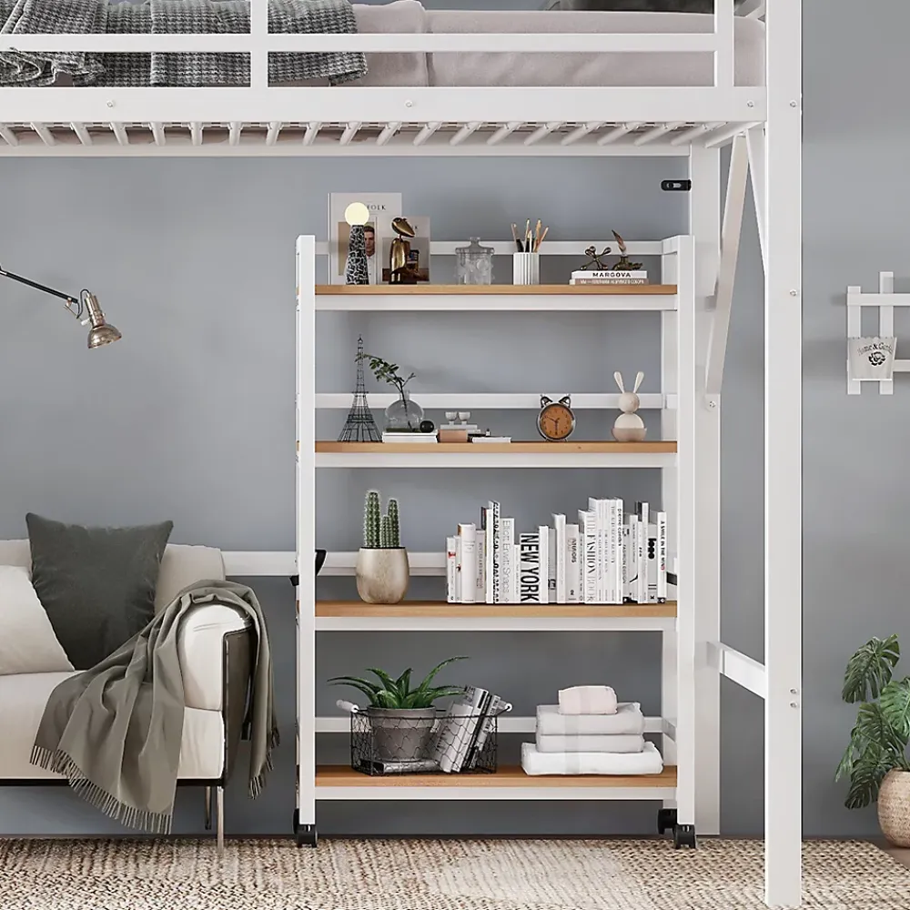 ModernLuxe Lit mezzanine 90x200 cm avec étagère de rangement et roulettes - cintre et échelle - Métal+MDF - Blanc+Naturel(sans matelas)* Lit Mezzanine