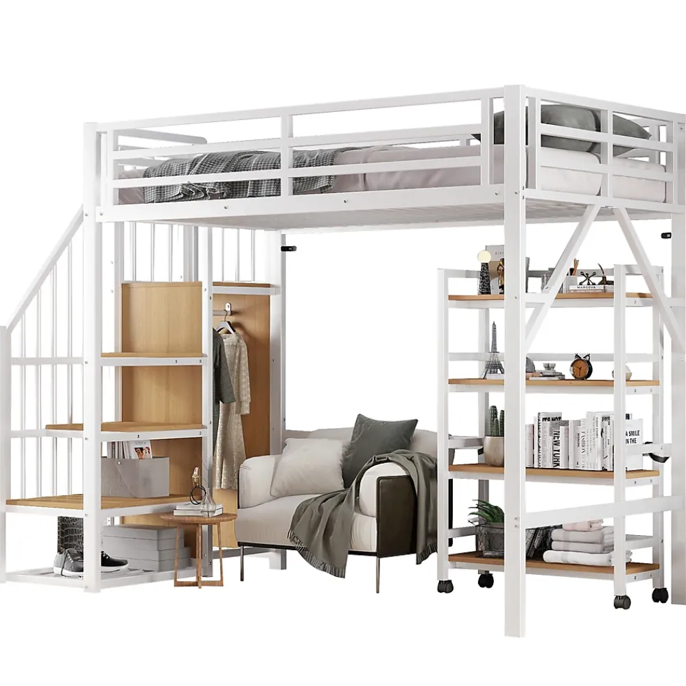 ModernLuxe Lit mezzanine 90x200 cm avec étagère de rangement et roulettes - cintre et échelle - Métal+MDF - Blanc+Naturel(sans matelas)* Lit Mezzanine