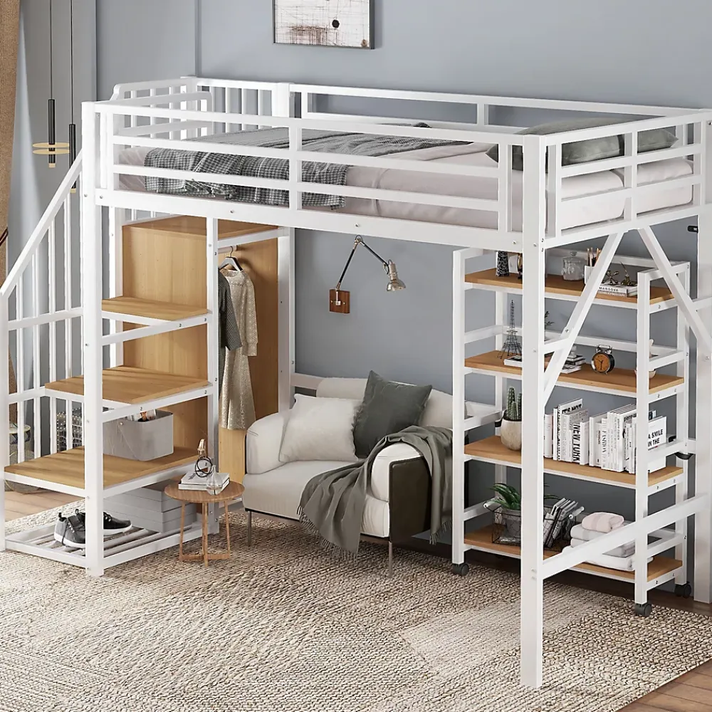 ModernLuxe Lit mezzanine 90x200 cm avec étagère de rangement et roulettes - cintre et échelle - Métal+MDF - Blanc+Naturel(sans matelas)* Lit Mezzanine