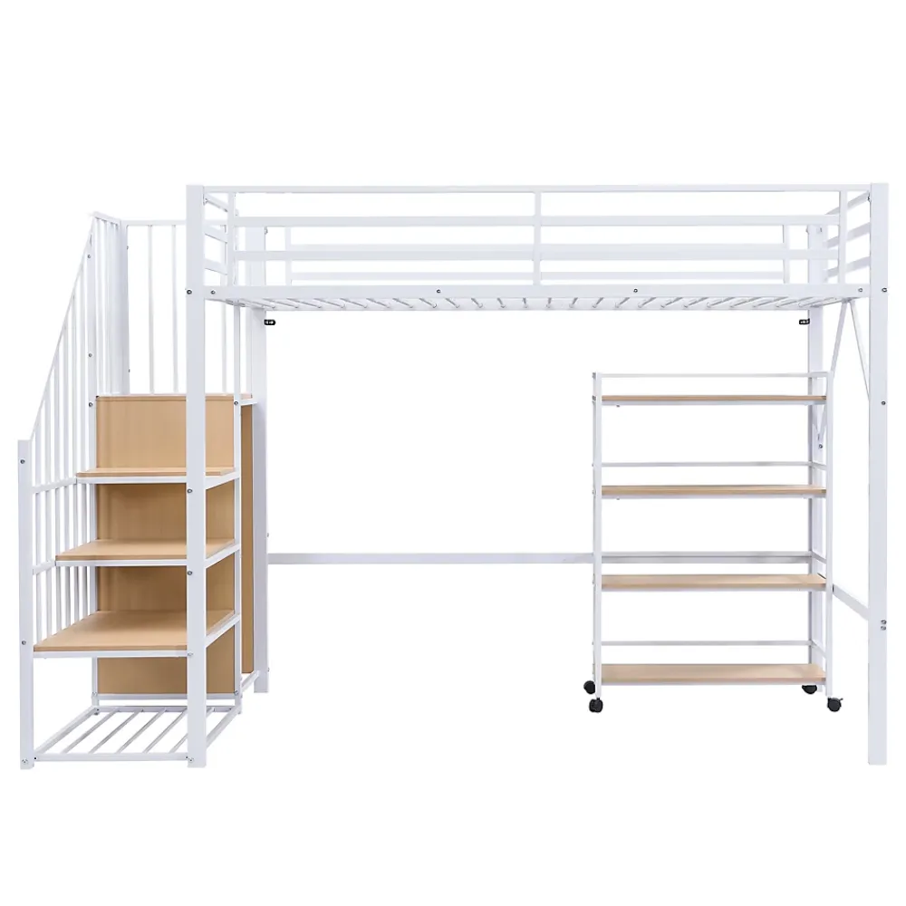 ModernLuxe Lit mezzanine 90x200 cm avec étagère de rangement et roulettes - cintre et échelle - Métal+MDF - Blanc+Naturel(sans matelas)* Lit Mezzanine
