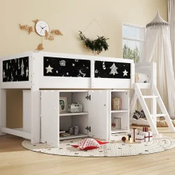 Lit mezzanine 90x200 cm avec tableau noir - avec 3 portes et une échelle - bois massif+MDF - Blanc(sans matelas)>ModernLuxe Discount