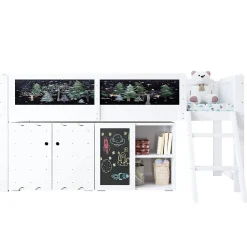 Lit mezzanine 90x200 cm avec tableau noir - avec 3 portes et une échelle - bois massif+MDF - Blanc(sans matelas)><noscript><img width=