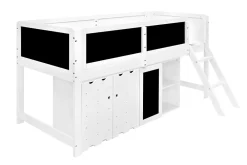 Lit mezzanine 90x200 cm avec tableau noir - avec 3 portes et une échelle - bois massif+MDF - Blanc(sans matelas)><noscript><img width=