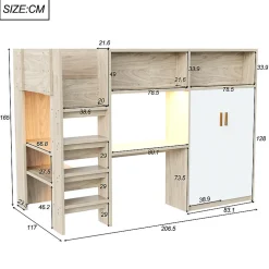 ModernLuxe Lit mezzanine 90x200 cm avec un bureau et une armoire - avec des étagères - avec LED - naturel (matelas non inclus)* Lit Mezzanine