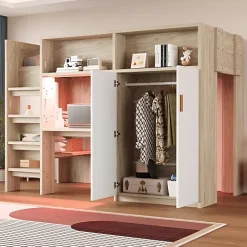 ModernLuxe Lit mezzanine 90x200 cm avec un bureau et une armoire - avec des étagères - avec LED - naturel (matelas non inclus)* Lit Mezzanine