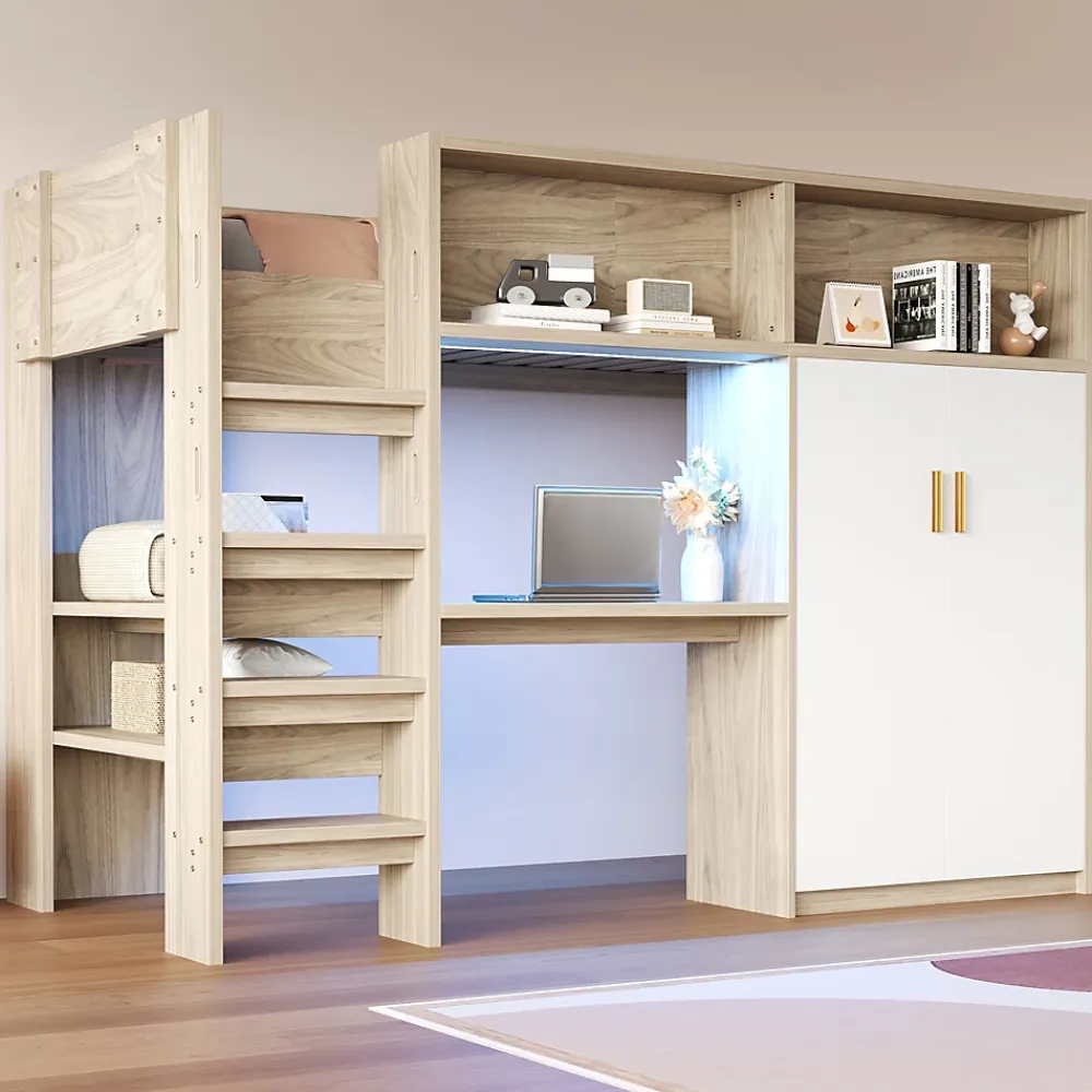 ModernLuxe Lit mezzanine 90x200 cm avec un bureau et une armoire - avec des étagères - avec LED - naturel (matelas non inclus)* Lit Mezzanine