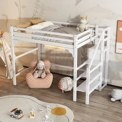 Aapaas Lit mezzanine 140x200 cm blanc avec sommier, echelle, armoire et rangement integre pour chambre d adolescent*Enfant Lit Enfant