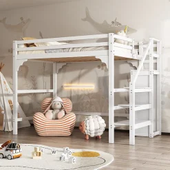 Aapaas Lit mezzanine 140x200 cm blanc avec sommier, echelle, armoire et rangement integre pour chambre d adolescent*Enfant Lit Enfant