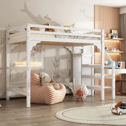 Aapaas Lit mezzanine 140x200 cm blanc avec sommier, echelle, armoire et rangement integre pour chambre d adolescent*Enfant Lit Enfant