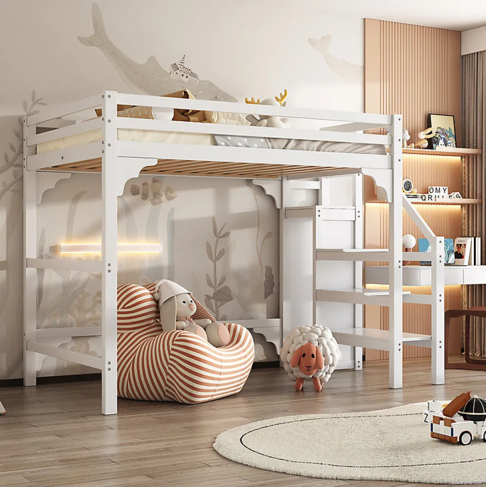 Aapaas Lit mezzanine 140x200 cm blanc avec sommier, echelle, armoire et rangement integre pour chambre d adolescent*Enfant Lit Enfant