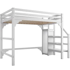 Aapaas Lit mezzanine 140x200 cm blanc avec sommier, echelle, armoire et rangement integre pour chambre d adolescent*Enfant Lit Enfant