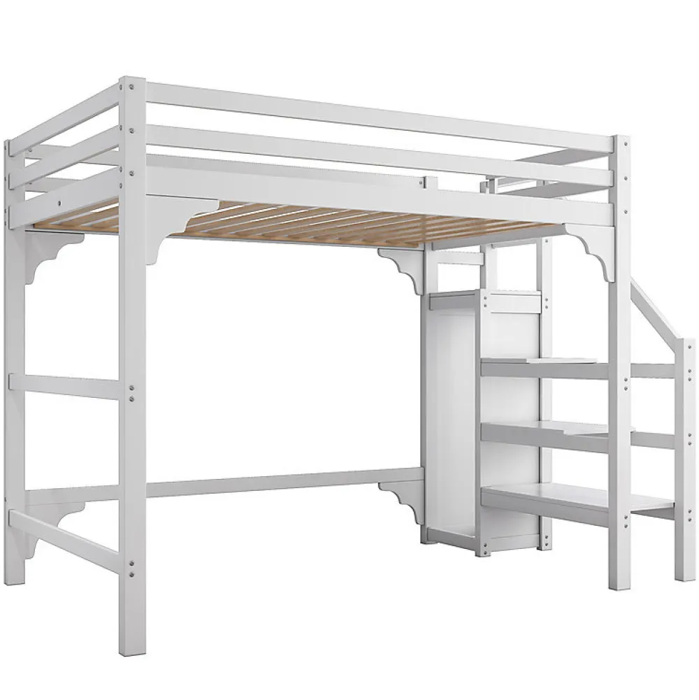 Aapaas Lit mezzanine 140x200 cm blanc avec sommier, echelle, armoire et rangement integre pour chambre d adolescent*Enfant Lit Enfant