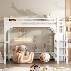 Aapaas Lit mezzanine 140x200 cm blanc avec sommier, echelle, armoire et rangement integre pour chambre d adolescent*Enfant Lit Enfant