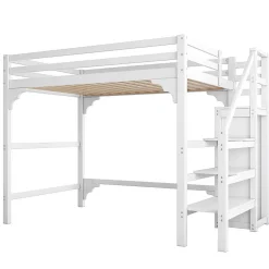 Aapaas Lit mezzanine 140x200 cm blanc avec sommier, echelle, armoire et rangement integre pour chambre d adolescent*Enfant Lit Enfant