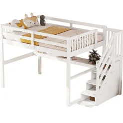 Aapaas Lit mezzanine 140x200 cm blanc avec tiroirs de rangement et bureau intégré sous le lit pour enfant*Enfant Lit Enfant