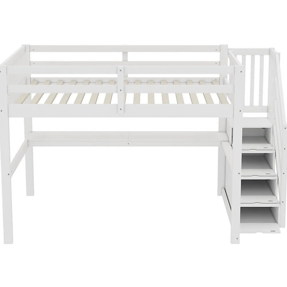 Aapaas Lit mezzanine 140x200 cm blanc avec tiroirs de rangement et bureau intégré sous le lit pour enfant*Enfant Lit Enfant