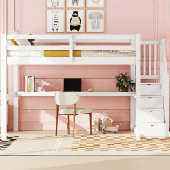 Aapaas Lit mezzanine 140x200 cm blanc avec tiroirs de rangement et bureau intégré sous le lit pour enfant*Enfant Lit Enfant