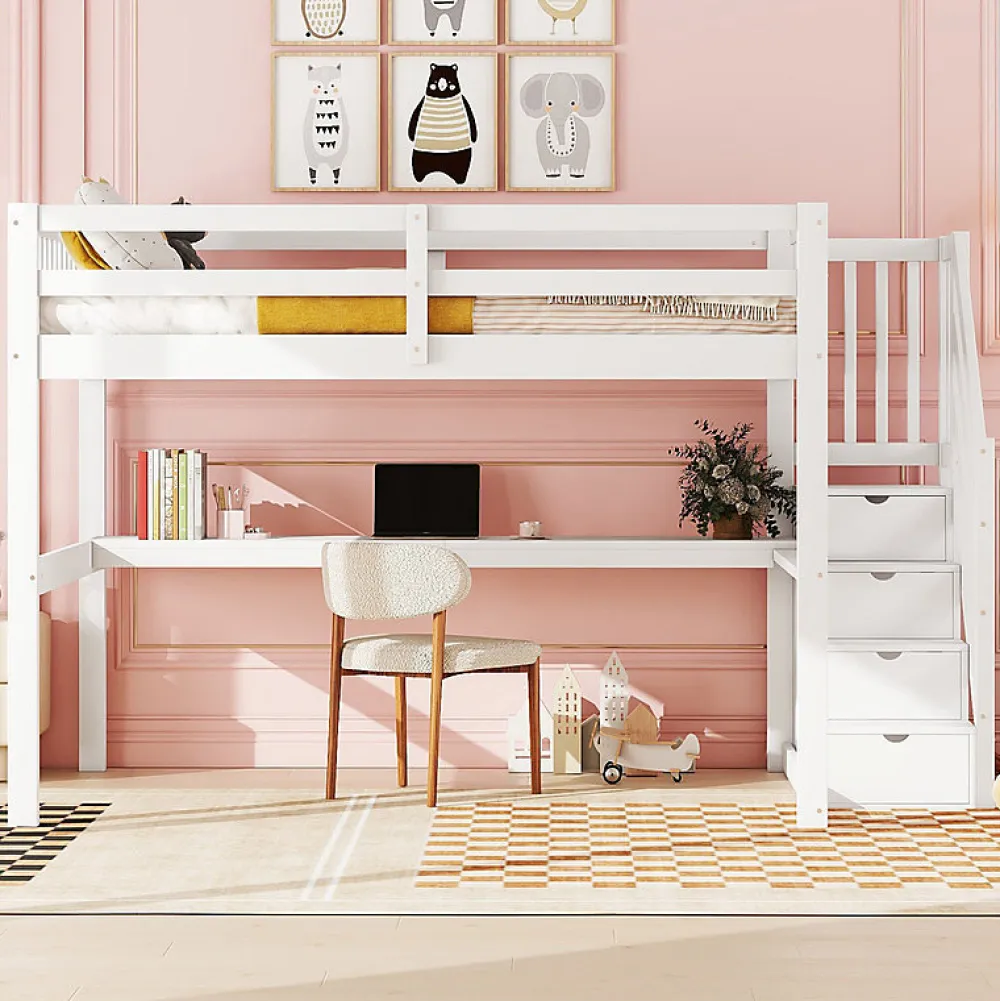 Aapaas Lit mezzanine 140x200 cm blanc avec tiroirs de rangement et bureau intégré sous le lit pour enfant*Enfant Lit Enfant