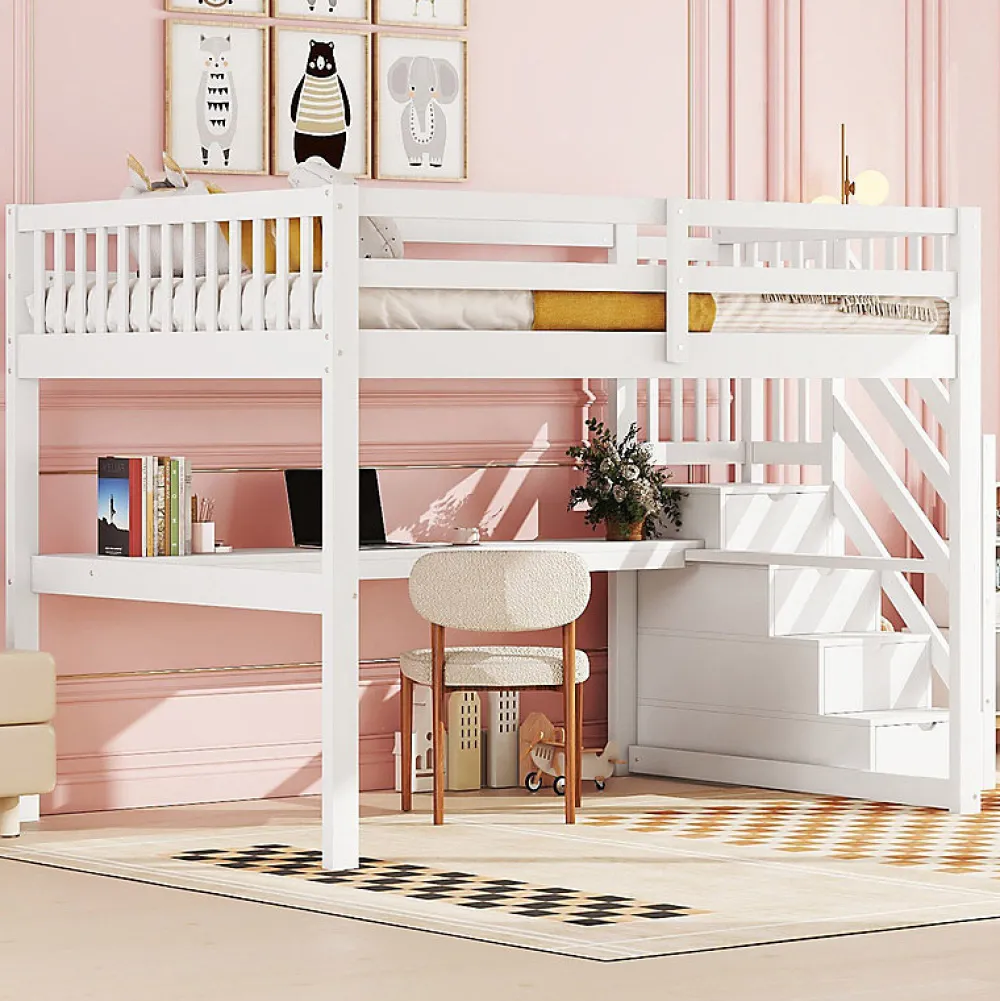 Aapaas Lit mezzanine 140x200 cm blanc avec tiroirs de rangement et bureau intégré sous le lit pour enfant*Enfant Lit Enfant