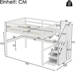 Aapaas Lit mezzanine 140x200 cm blanc avec tiroirs de rangement et bureau intégré sous le lit pour enfant*Enfant Lit Enfant