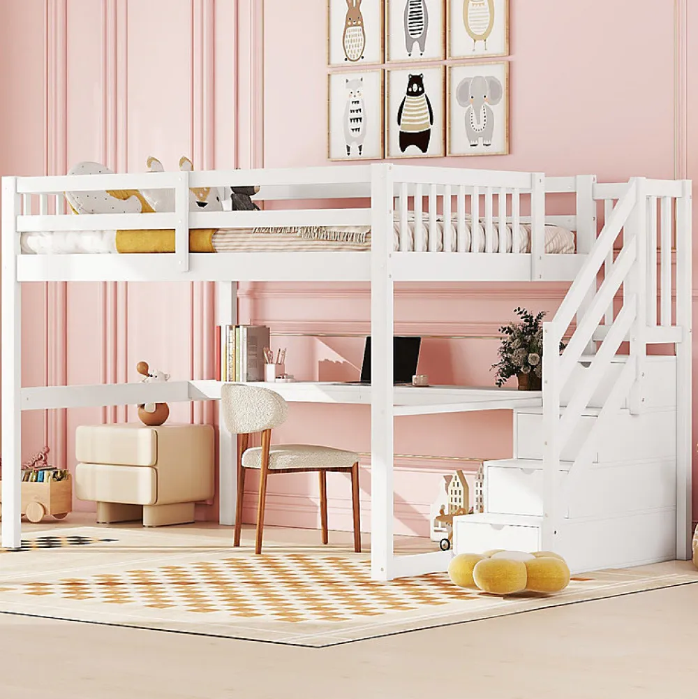 Aapaas Lit mezzanine 140x200 cm blanc avec tiroirs de rangement et bureau intégré sous le lit pour enfant*Enfant Lit Enfant
