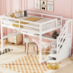 Aapaas Lit mezzanine 140x200 cm blanc avec tiroirs de rangement et bureau intégré sous le lit pour enfant*Enfant Lit Enfant