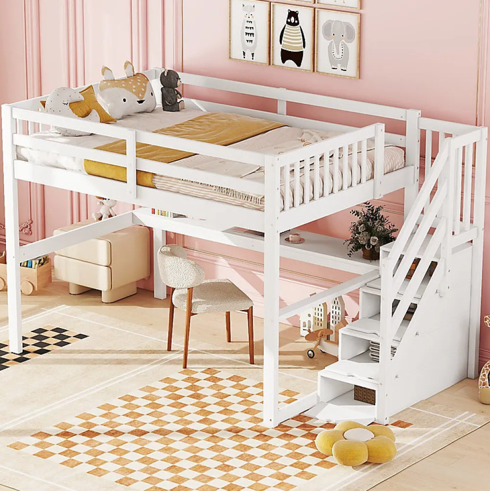 Aapaas Lit mezzanine 140x200 cm blanc avec tiroirs de rangement et bureau intégré sous le lit pour enfant*Enfant Lit Enfant
