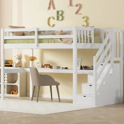 Lit mezzanine 90x200 cm blanc avec tiroirs de rangement et bureau intégré sous le lit pour enfant>Aapaas New