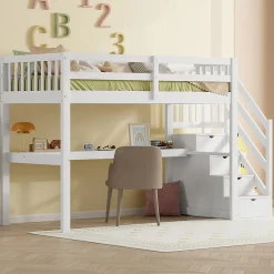 Lit mezzanine 90x200 cm blanc avec tiroirs de rangement et bureau intégré sous le lit pour enfant>Aapaas New