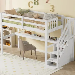 Lit mezzanine 90x200 cm blanc avec tiroirs de rangement et bureau intégré sous le lit pour enfant><noscript><img width=