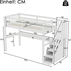 Lit mezzanine 90x200 cm blanc avec tiroirs de rangement et bureau intégré sous le lit pour enfant><noscript><img width=