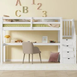 Lit mezzanine 90x200 cm blanc avec tiroirs de rangement et bureau intégré sous le lit pour enfant><noscript><img width=