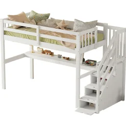 Lit mezzanine 90x200 cm blanc avec tiroirs de rangement et bureau intégré sous le lit pour enfant><noscript><img width=