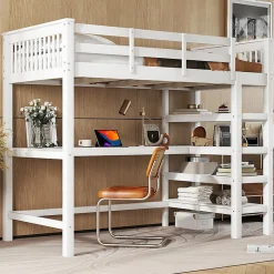 Lit mezzanine 90x200 cm blanc sans matelas avec bureau integre et etageres pour chambre denfant>Aapaas Hot