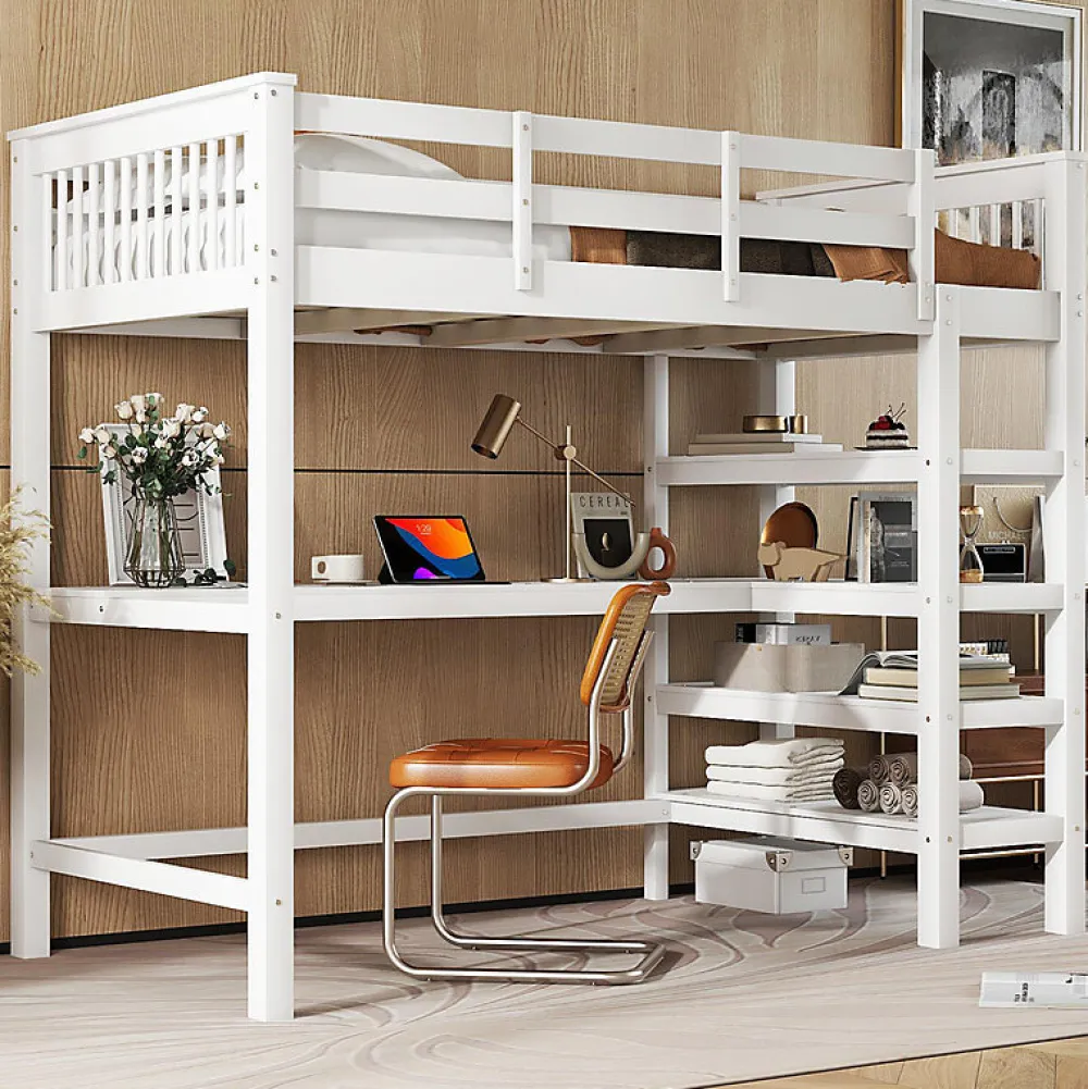Lit mezzanine 90x200 cm blanc sans matelas avec bureau integre et etageres pour chambre denfant>Aapaas Hot