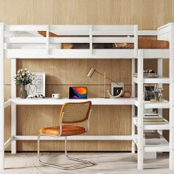 Lit mezzanine 90x200 cm blanc sans matelas avec bureau integre et etageres pour chambre denfant>Aapaas Hot