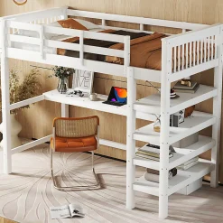 Lit mezzanine 90x200 cm blanc sans matelas avec bureau integre et etageres pour chambre denfant><noscript><img width=