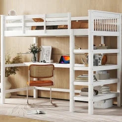 Lit mezzanine 90x200 cm blanc sans matelas avec bureau integre et etageres pour chambre denfant><noscript><img width=