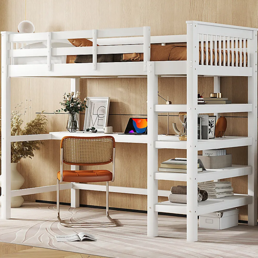Lit mezzanine 90x200 cm blanc sans matelas avec bureau integre et etageres pour chambre denfant>Aapaas Hot
