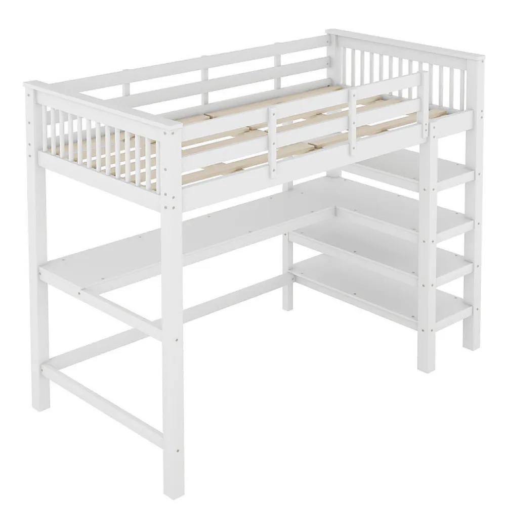 Lit mezzanine 90x200 cm blanc sans matelas avec bureau integre et etageres pour chambre denfant>Aapaas Hot