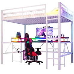 Okwish Lit Mezzanine 140x200 cm -Bureau Intégré, Éclairage LED Réglable, Panneau Perforé, Ports USB, Type-C et 2 Prises - Métal/MDF Blanc* Lit Mezzanine