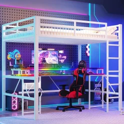 Okwish Lit Mezzanine 140x200 cm -Bureau Intégré, Éclairage LED Réglable, Panneau Perforé, Ports USB, Type-C et 2 Prises - Métal/MDF Blanc* Lit Mezzanine