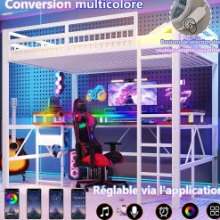 Okwish Lit Mezzanine 140x200 cm -Bureau Intégré, Éclairage LED Réglable, Panneau Perforé, Ports USB, Type-C et 2 Prises - Métal/MDF Blanc* Lit Mezzanine
