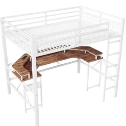 Okwish Lit Mezzanine 140x200 cm -Bureau Intégré, Éclairage LED Réglable, Panneau Perforé, Ports USB, Type-C et 2 Prises - Métal/MDF Blanc* Lit Mezzanine