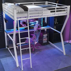 Lit mezzanine 140x200 cm déco avec bureau intégré, prises USB et LED, escalier sécurisé, métal+MDF blanc, sans matelas>Okwish Sale