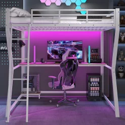 Lit mezzanine 140x200 cm déco avec bureau intégré, prises USB et LED, escalier sécurisé, métal+MDF blanc, sans matelas>Okwish Sale