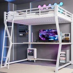 Lit mezzanine 140x200 cm déco avec bureau intégré, prises USB et LED, escalier sécurisé, métal+MDF blanc, sans matelas><noscript><img width=